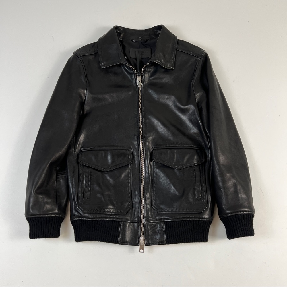 All Saints Black Sheepskin Leather Phoenix Aviator Bomber Jacket Extra Small